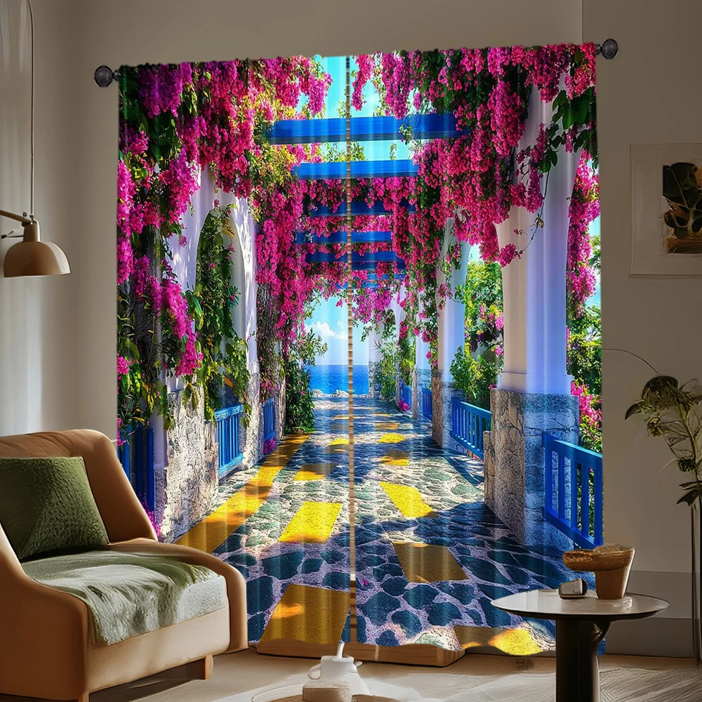 2pcs, spring summer Curtains The narrow paved streets of Greece are filled with colorful flowers Yarn Curtains Durable 100%