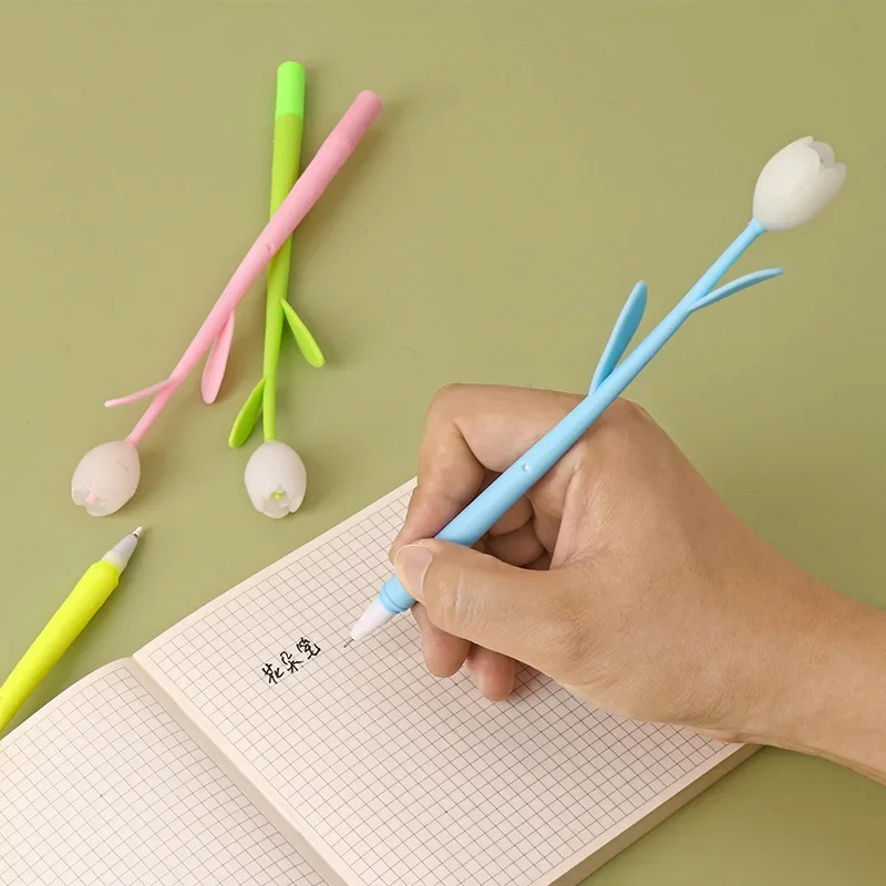 Creative Small Fresh Tulip Signature Pen Light Color Changing Silicone Black Neutral Pen Flower Gift Cute Aesthetic Stationery