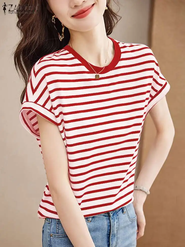 ZANZEA Striped Short Sleeve T-shirts Women Party Elegant O Neck Tunic Tops 2024 Summer Color Blocking Stylish Casual Blouses