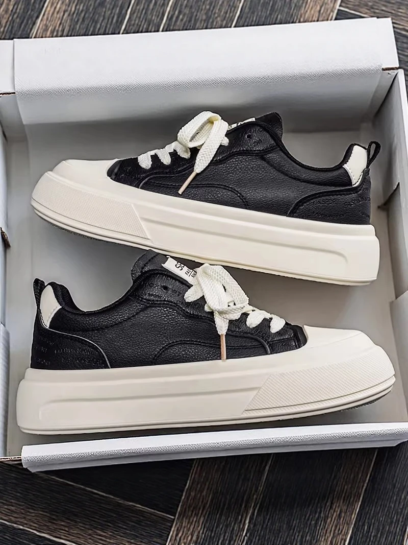 Men's Leather Sport Shoes Anti-slip Waterproof Large Head Casual Black Flat Heel Outdoor Leisure Footwear for Youth