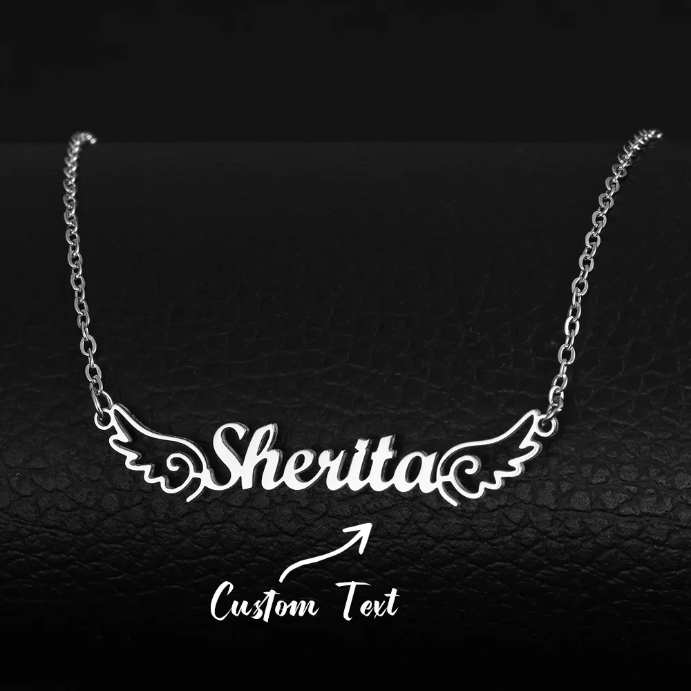 Collier avec plaque nominative personnalisée pour femmes, ailes d'ange, tendance, en acier inoxydable, bijoux personnalisés, accessoires romantiques, cadeau