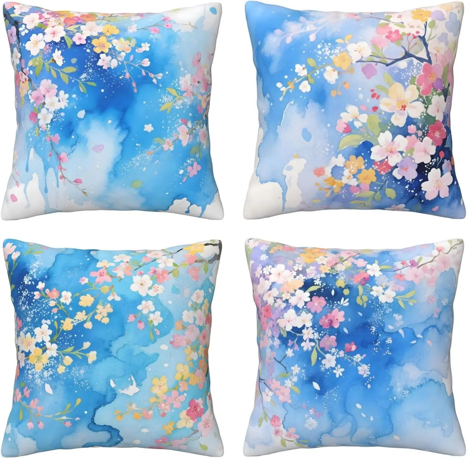 Watercolor Cherry Blossom Pillow Covers – Soft Blue Art 4-Pack Cushion Covers for Sofa, Couch, Indoor, Outdoor Décor