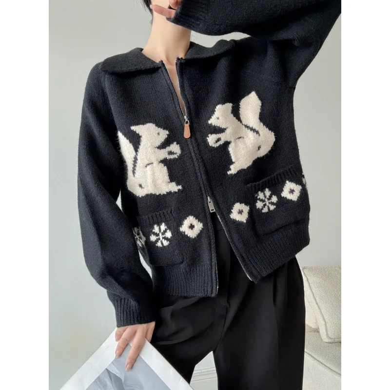 

Внутренний свитер на молнии в стиле ретро для женщин, осенне-зимний вязаный кардиган с мультяшной вышивкой, топ