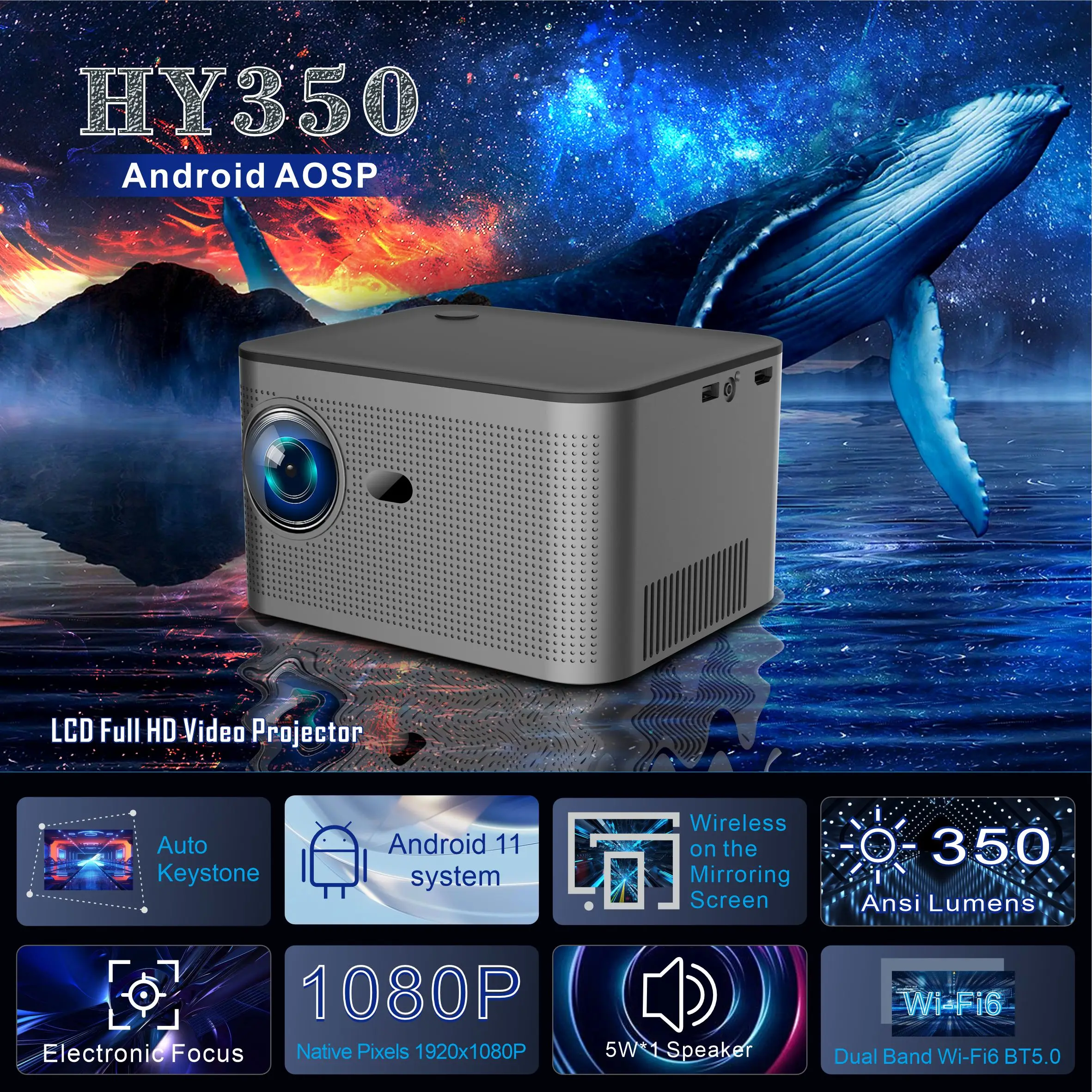 Hy350 New Projector Android 11 Real 4K 1920*1080P Wifi6 580ANSI Allwinner H713 32G Voice Control BT5.0 Home Cinema Projetor