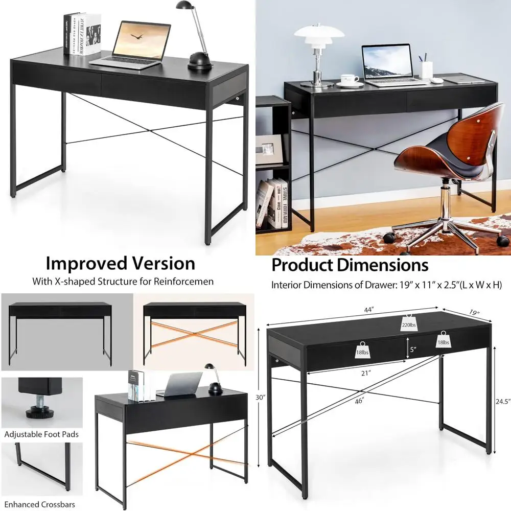 Wooden Study Desk with Steel Frame, 44 Laptop PC Workstation, Dual Drawer Writing Desk