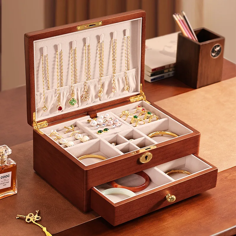 Solid wood double-layer drawer jewelry box household desktop stud earrings ring storage box drawer type with lock jewelry storag