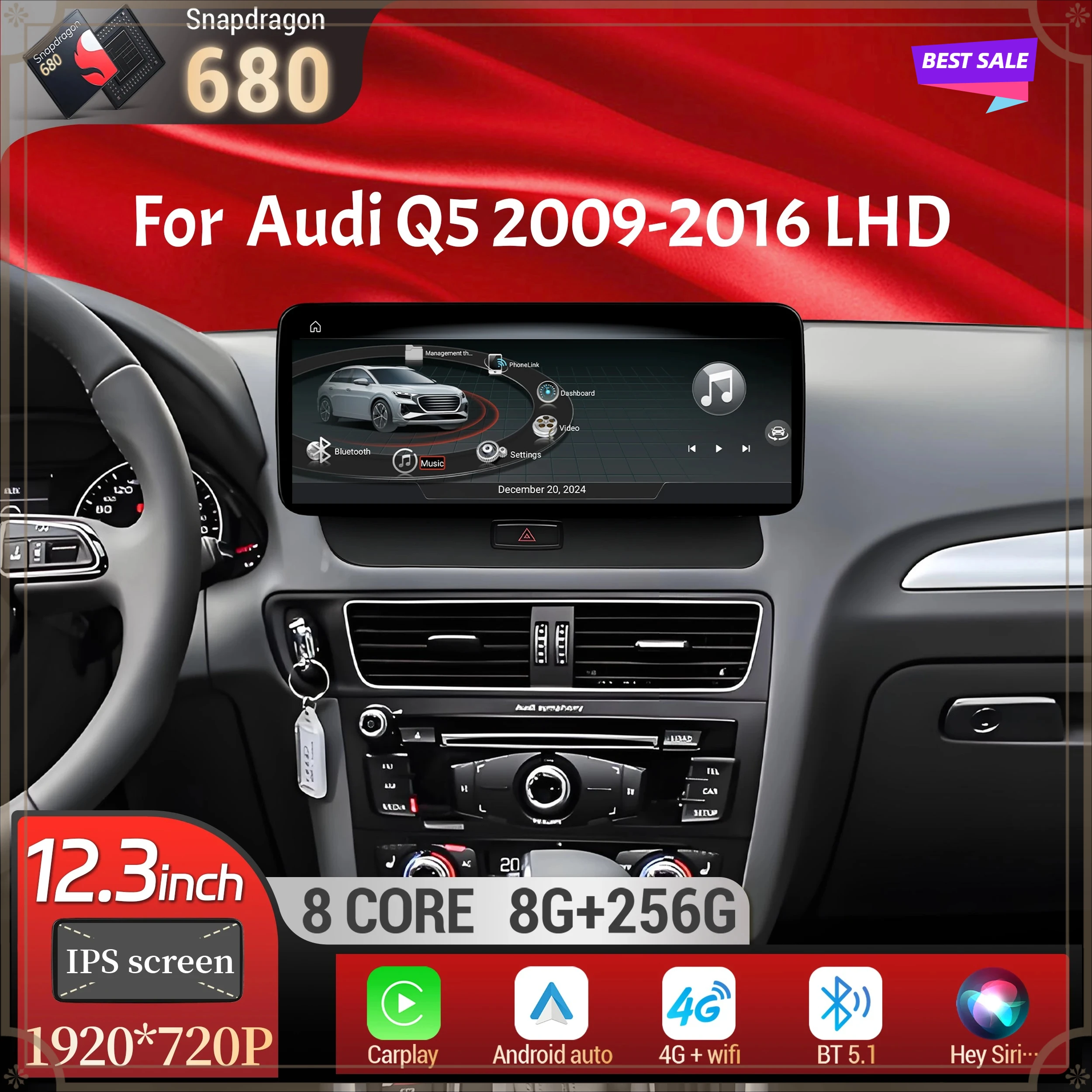 Pour Audi Q5 2009-2016, autoradio Android 14 de 12,3 pouces, conduite à gauche, Bluetooth sans fil, Carplay, système Qualcomm Snapdragon 680, écran