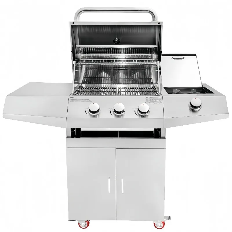 Modern Outdoor Patio Premium Rust-Resistant Durable Full Stainless Steel Gas Grill with 3 Main Burners Side Burner Trolley
