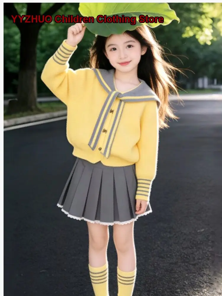 Girls Cardigan Kids Spring Autumn Round Neck Long Sleeves Geometric Pattern Fashionable Knit Top Older Kids