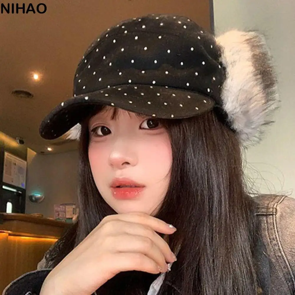 

Теплая плюшевая бейсболка в стиле ретро, шерстяная милая шляпа Lei Feng в горошек, корейская кепка с козырьком в стиле ретро для девочек