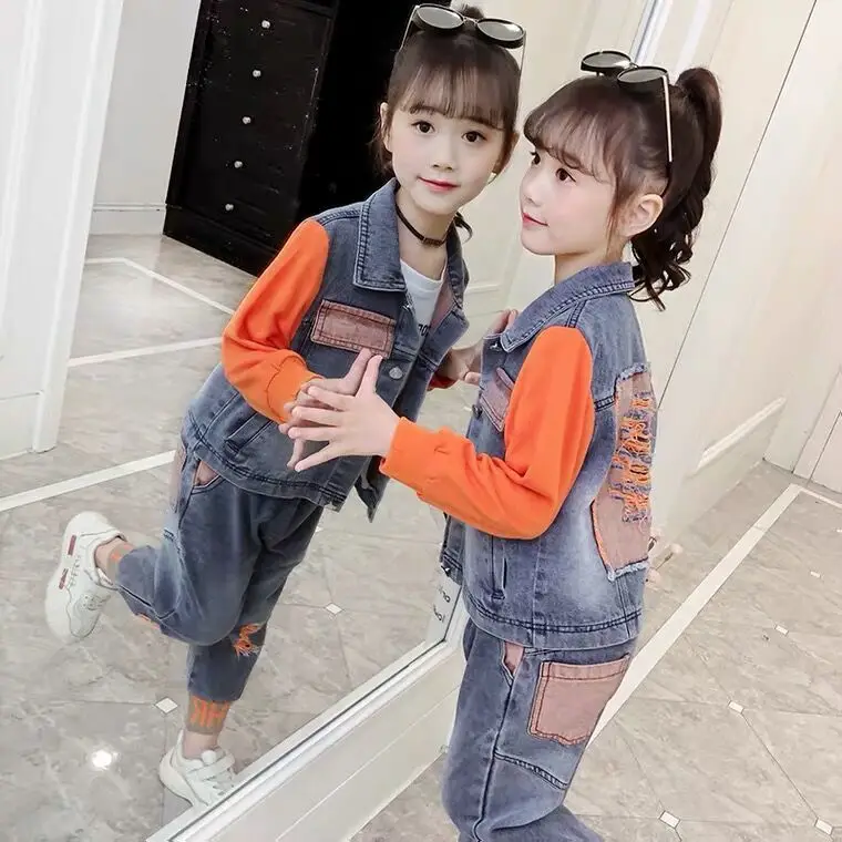 

Одежда для девочек, осенняя одежда, зарубежная модная одежда, модный детский осенний джинсовый костюм, корейская версия