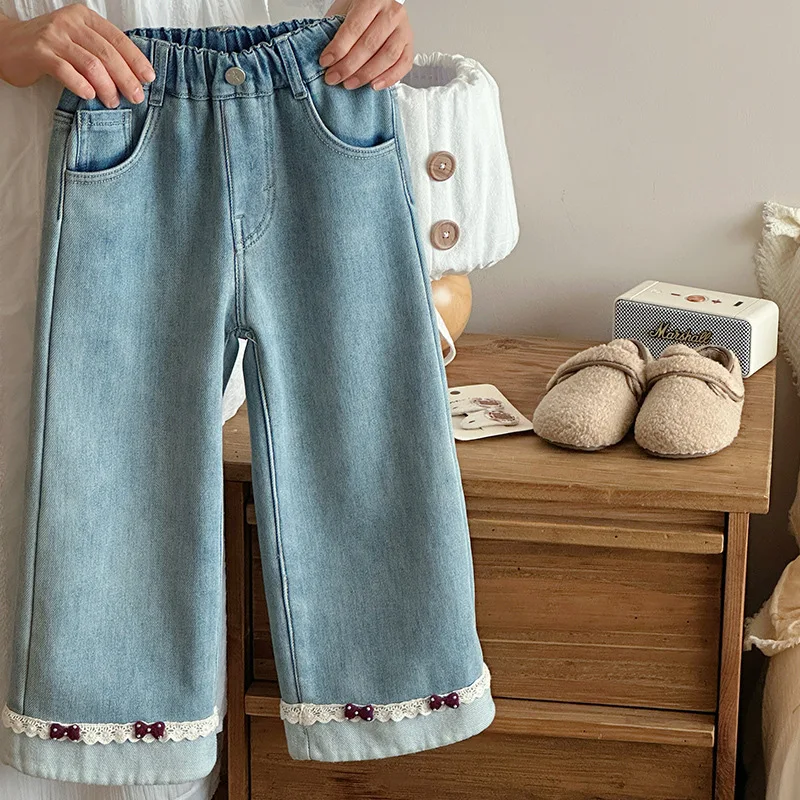 

2025 Winter Hot Selling New Children's Velvet Thickened Elastic Waist Lace Jeans