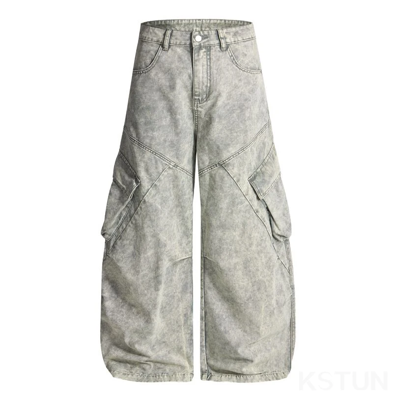 Kstoun calças de carga masculinas, ajuste solto, bolsos grandes, 100% algodão, cinza claro, calças curvas, calças largas, moda hiphop, streetwear