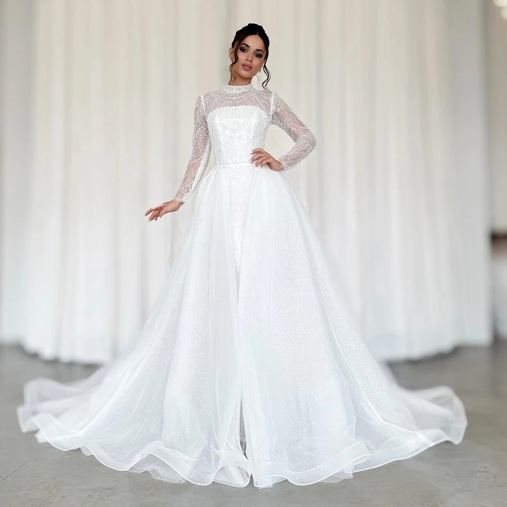 Customized White O-neck Tulle Simple Evening Dress ILLUSION Full Sleeves Watteau Train Party Dress Mermaid Floor Length Gown
