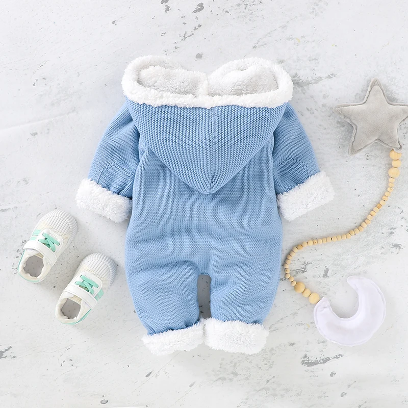 Boy Baby Rompers Knitted Infant Jumpsuit Long Sleeve Winter Newborn Kid Clothing Fashion Hooded 0-18M Solid Fleece Warm Overalls