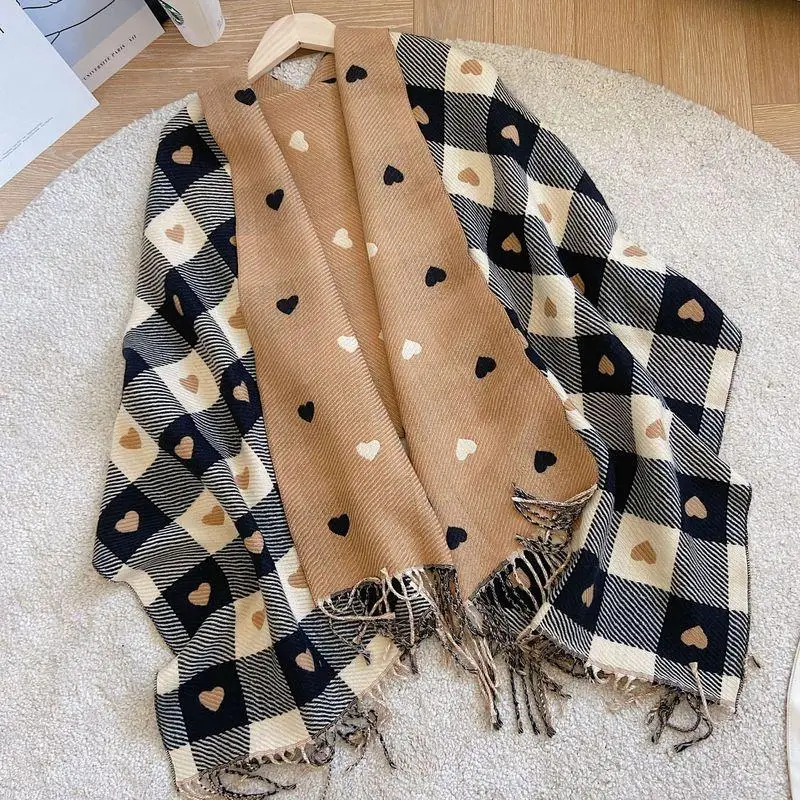 New Scarves Women Knitted Heart-pattern Plaid Lovey Girl Winter Cashmere Scarf College Fashionable Leisure Shawl Wraps