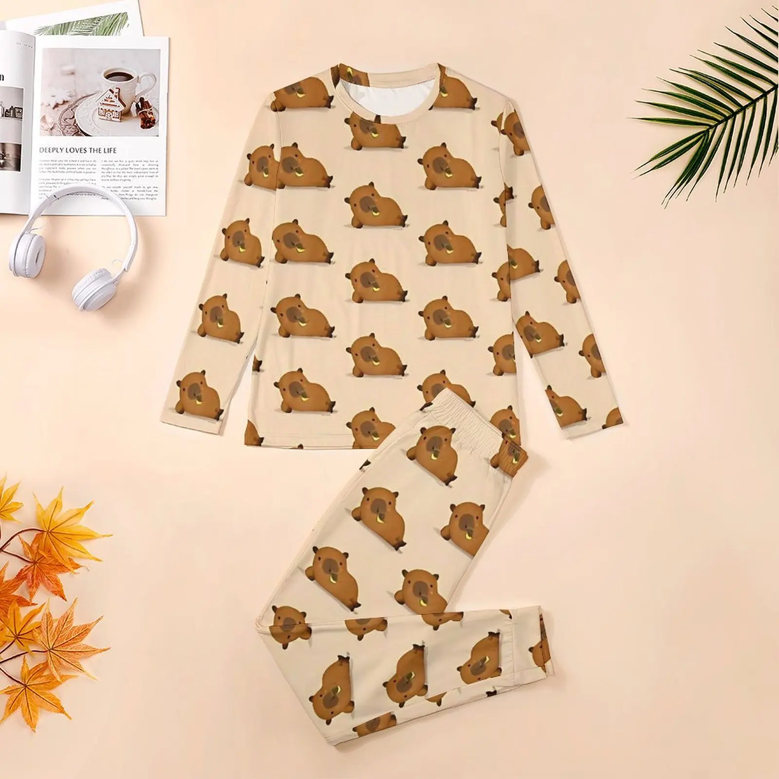 Capybara-Ensemble de pyjama à manches longues pour hommes, pyjama cool animal mignon, vêtements de nuit esthétiques personnalisés, jus de boisson, 4XL, 5XL, printemps, 2 pièces