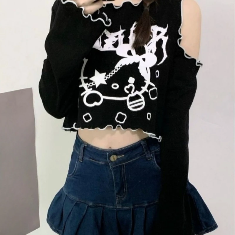 Sanrio Hello Kitty Top Cartoon Girls Strapless T-Shirt Y2K Sexy Personality Strapless Flare Sleeve Tops Long Sleeve Clothes Gift