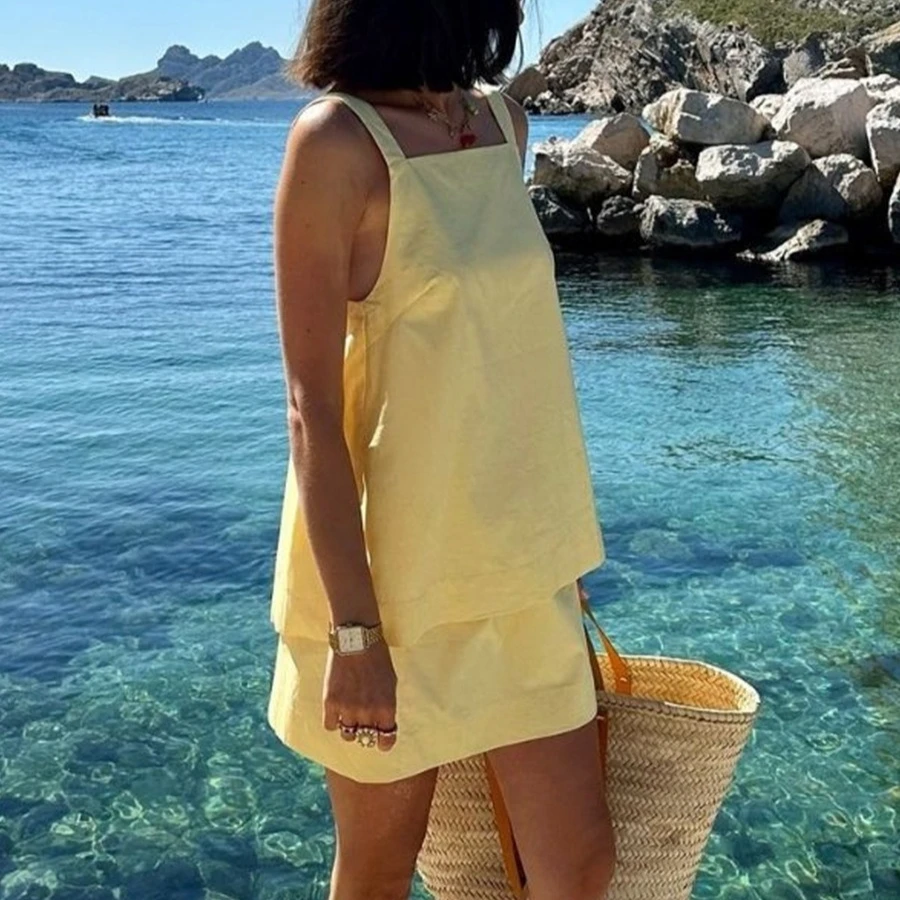 

Women Two Piece Sets Shorts Skirt Set Sling Backless Sleeveless Bow Tops Short Skirts A Line High Waist Y2k Streetwear Elegant