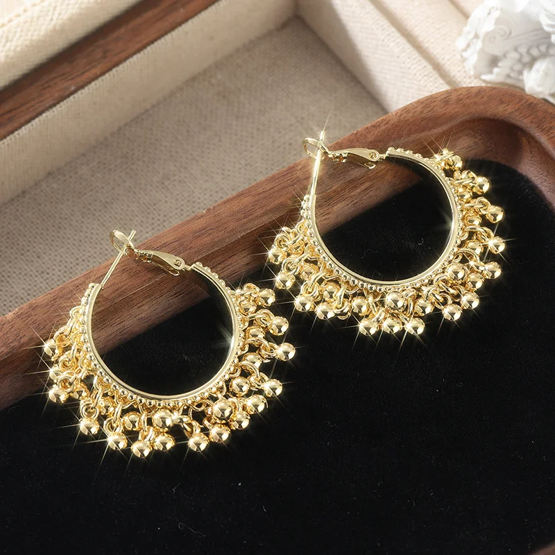 Böhmische Mode Trendige Goldfarbene Perlen Quasten-Creolen Luxuriöse Ethnische Ohrringe für Damen Party Brautschmuck Geschenke – Detail 6