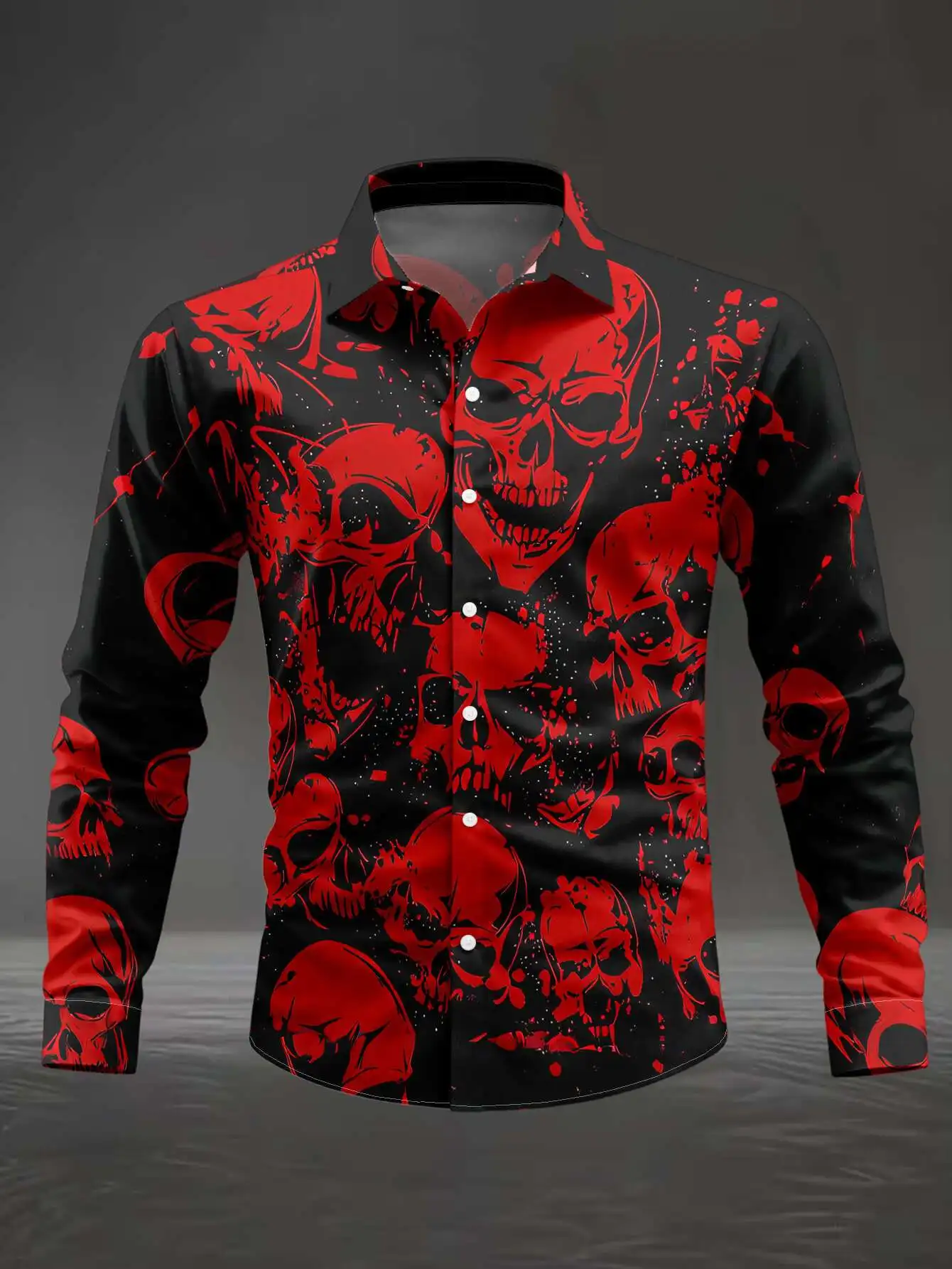 Men Gothic Red‑Skull Blood‑Splatter Print Long Sleeve Shirt Lapel Collar Button‑Up Polyester Horror Party Blouse