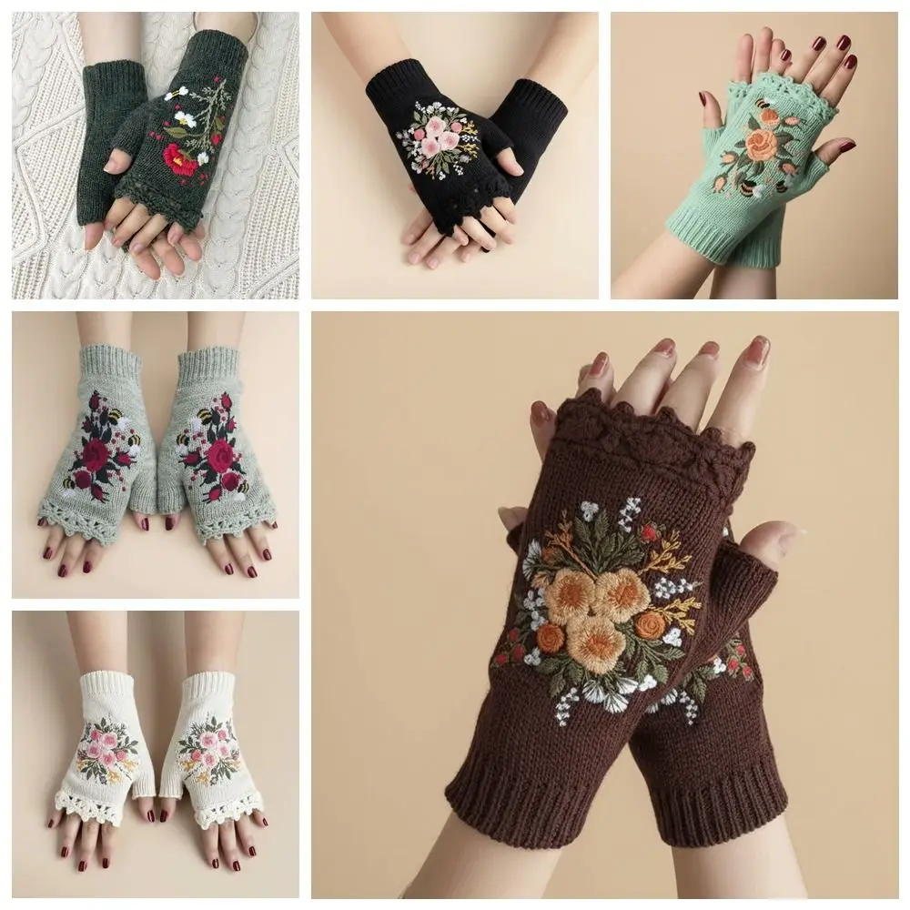 

Милые винтажные вязаные перчатки с вышивкой, перчатки без пальцев с пчелой, теплые варежки в корейском стиле, вязаные крючком цветочные варежки на открытом воздухе
