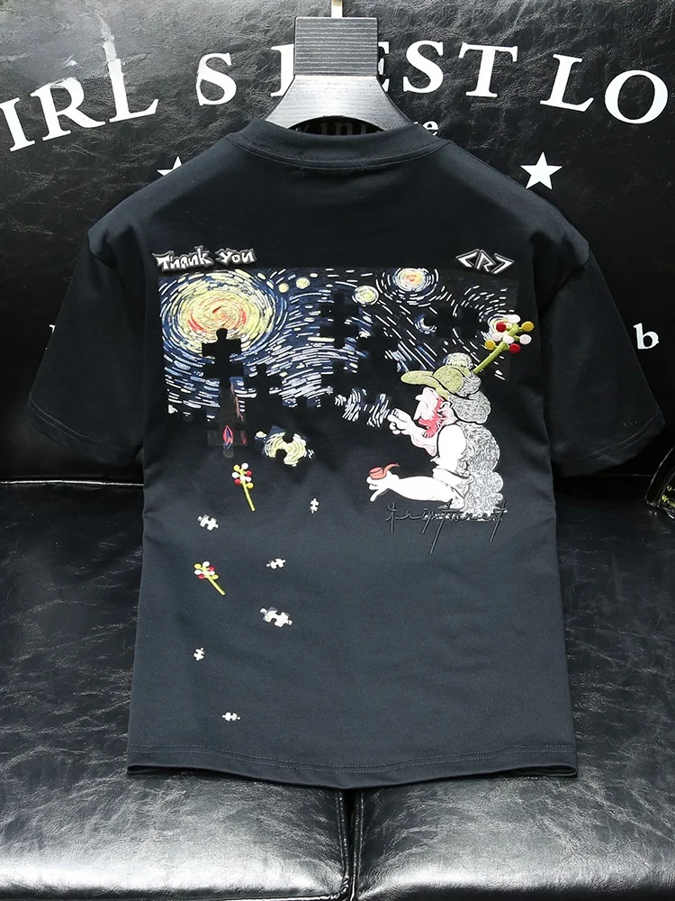 

High-End Heavyweight Trendy Cartoon Print American Short Sleeve T-Shirt Men's Summer New Style Handsome Youth Top Body Shirt