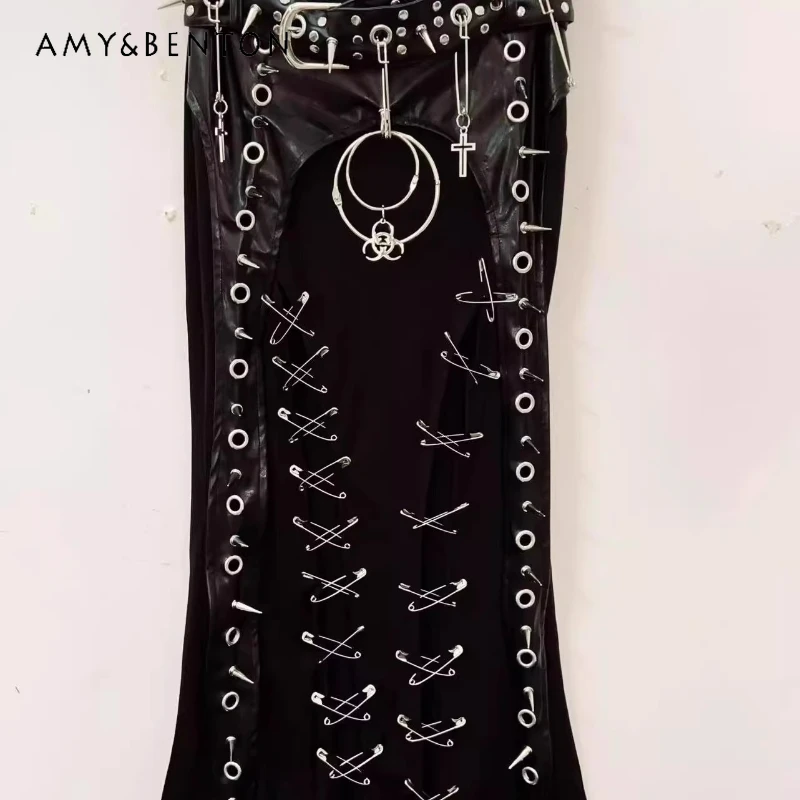 

Original Design Dark Goth Style Sweet Cool Women's Long Skirt 2025 Spring Summer New Metal Rivets Black Splicing Skirts Ladies