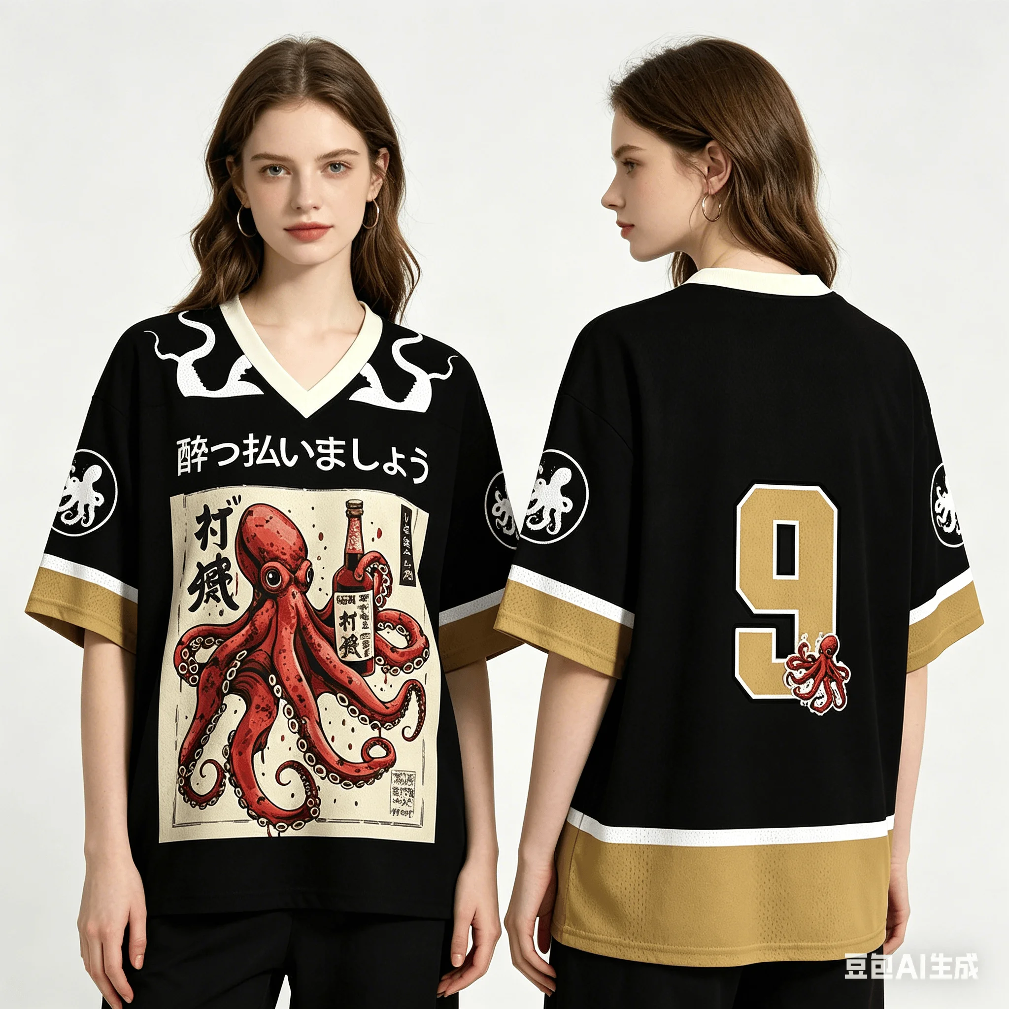 Camiseta con cuello en V de malla negra y dorada con estampado retro de Ukiyo-e Octopus Sake Jersey para adultos y niños