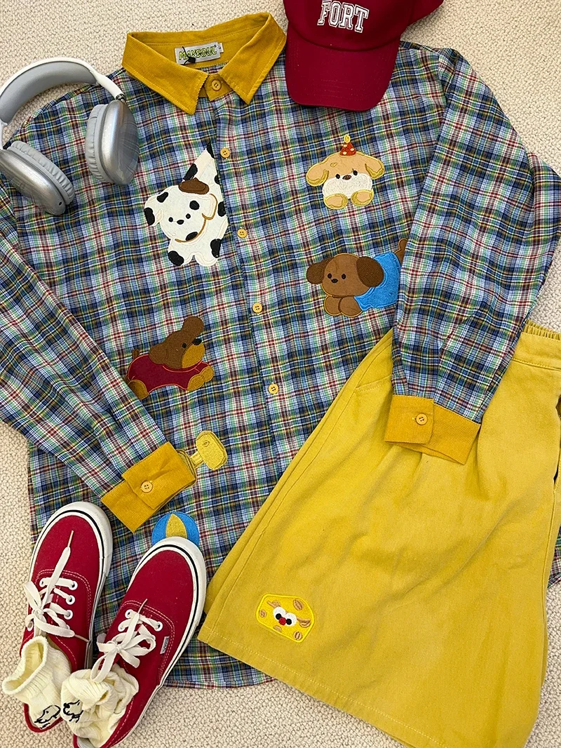 Cute Plaid Puppy Embroidery Contrasting Color Long-sleeved Shirt Thin Summer Sunscreen Spring and Autumn