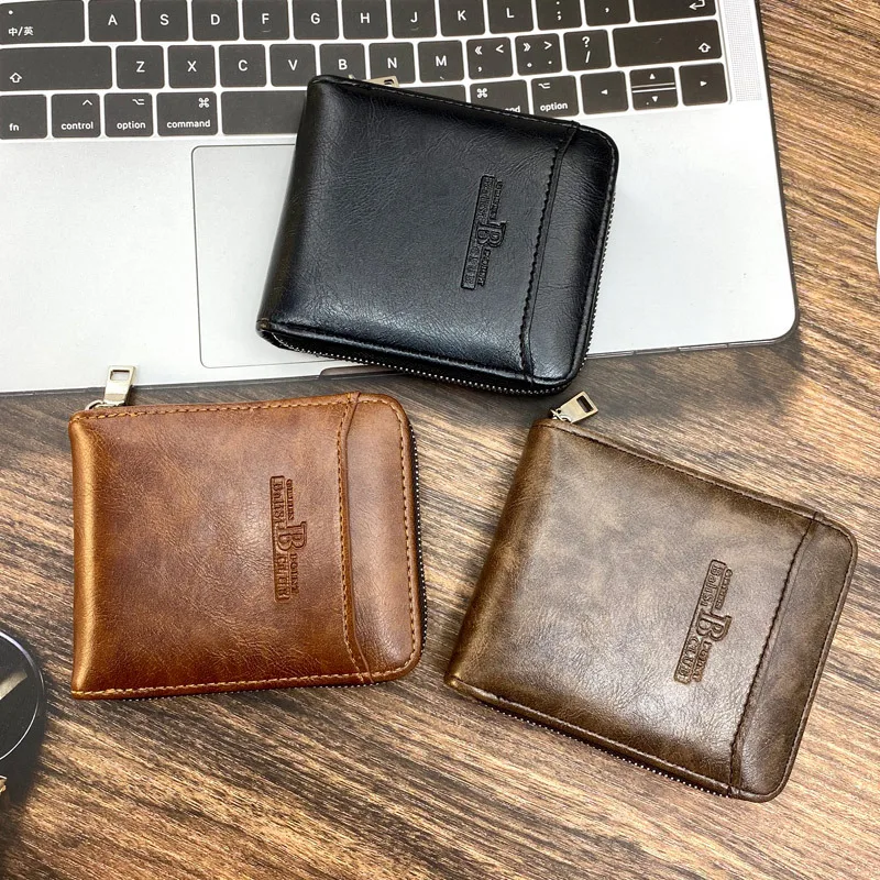 Cartera corta multifunción para hombre, tarjetero de cuero Vintage, monedero con cremallera, monedero de negocios