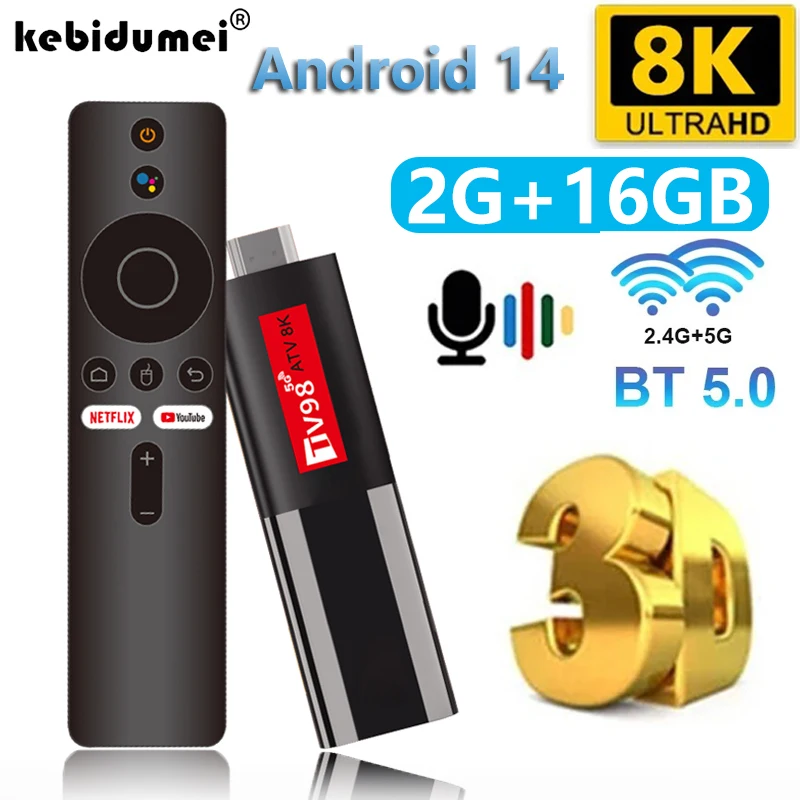 HD 8K Android 14 ATV Smart TV Stick Поддержка видео 4K BT5.0 Wi-Fi 6 Allwinner H618 Quad Core Cortex A53 голосовой пульт дистанционного управления Smart TV Box