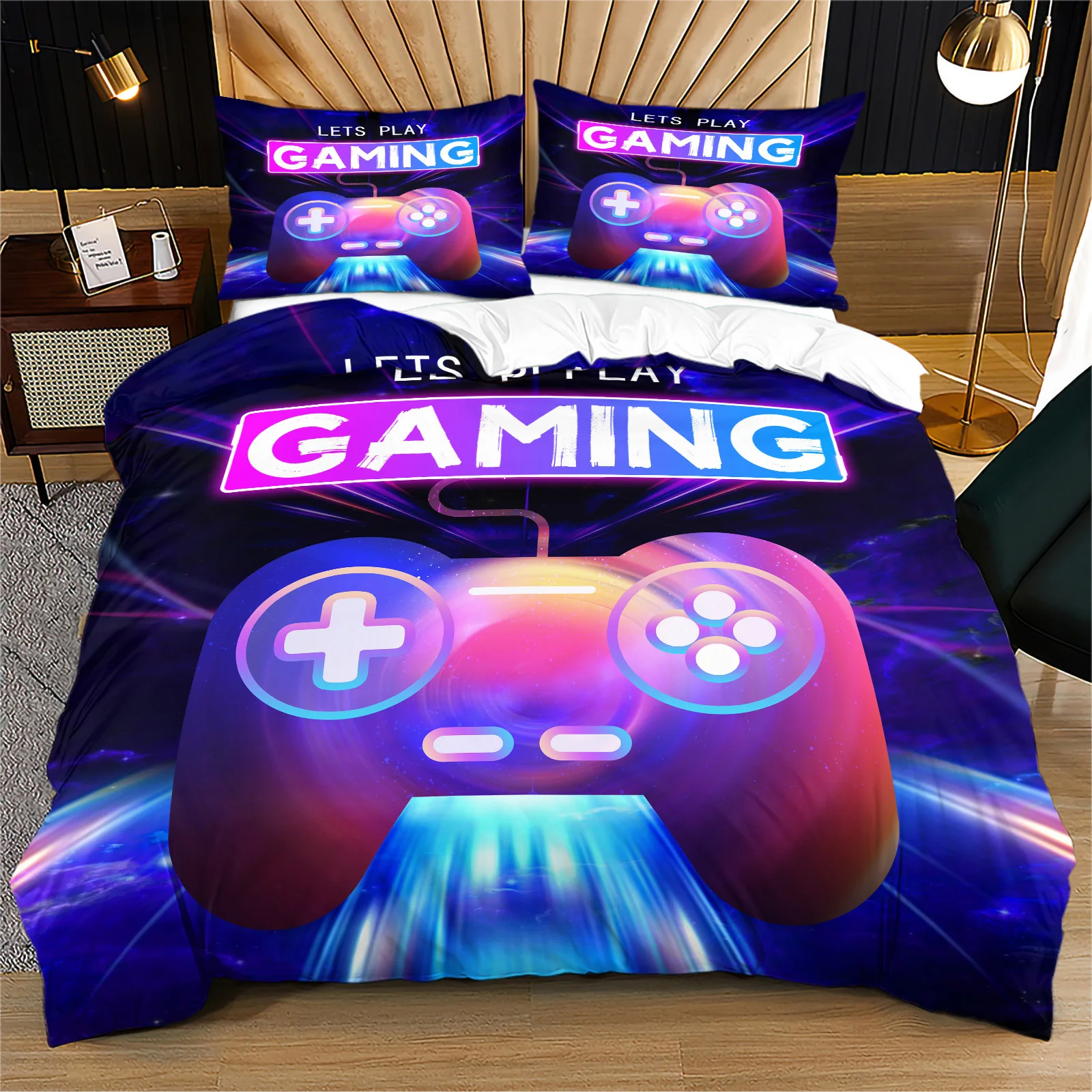 Neon Gaming Game Controller Duvet Cover Set Purple Blue Galaxy Gamepad Bedding Set Soft Quilt Cover Modern Bedroom Decor Gift