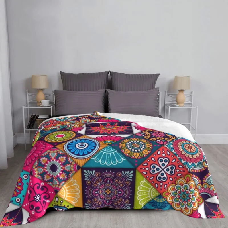 Ethnic Hippie Pattern Patchwork Blanket Flannel Spring/Autumn Breathable Super Warm Throw Blankets for Bed Couch Rug Piece