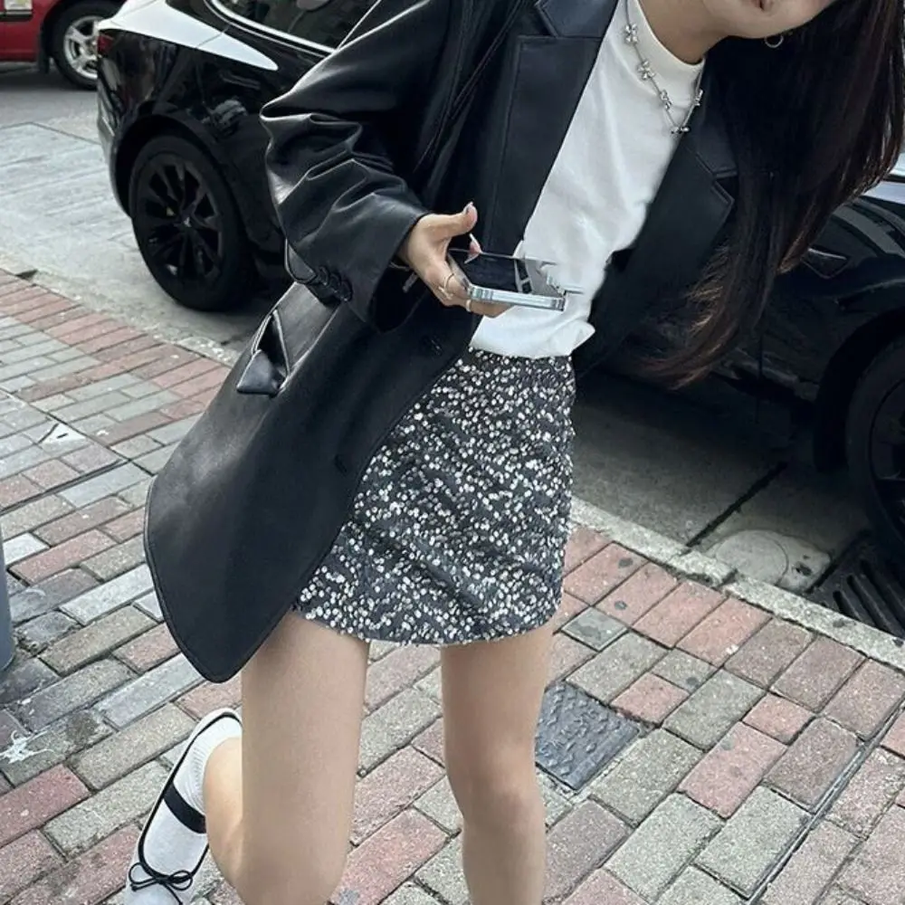 سترة جلدية بياقة طية صدر السترة للنساء ملابس خارجية كورية أنيقة سترة جلدية سترات واقية فضفاضة للخريف/الشتاء