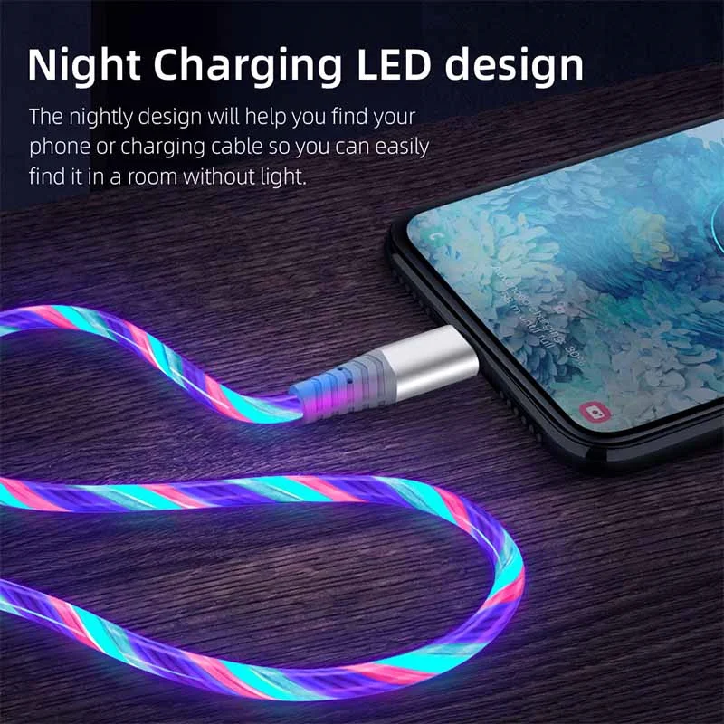 3A świecący kabel płynący LED light Micro USB typ C kable do Samsung iPhone 13 Xiaomi Huawei telefon komórkowy przewód do ładowania