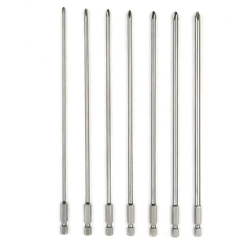 7Pcs 6.35mm/1/4Inch Shank Cross Screwdriver Bits 200mm Long PH1 PH2 S2 Steel Magnetic Cross Head Bit Power Driver Tool