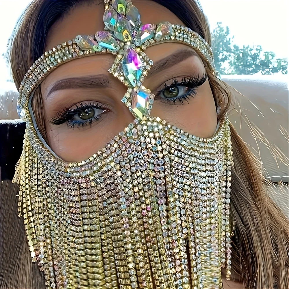 Shining AB Rhinestone Tassel Mask, Sexy Masquerade Party Face Jewelry, Stylish, Luxurious, Mysterious Mask Accessories Headwear