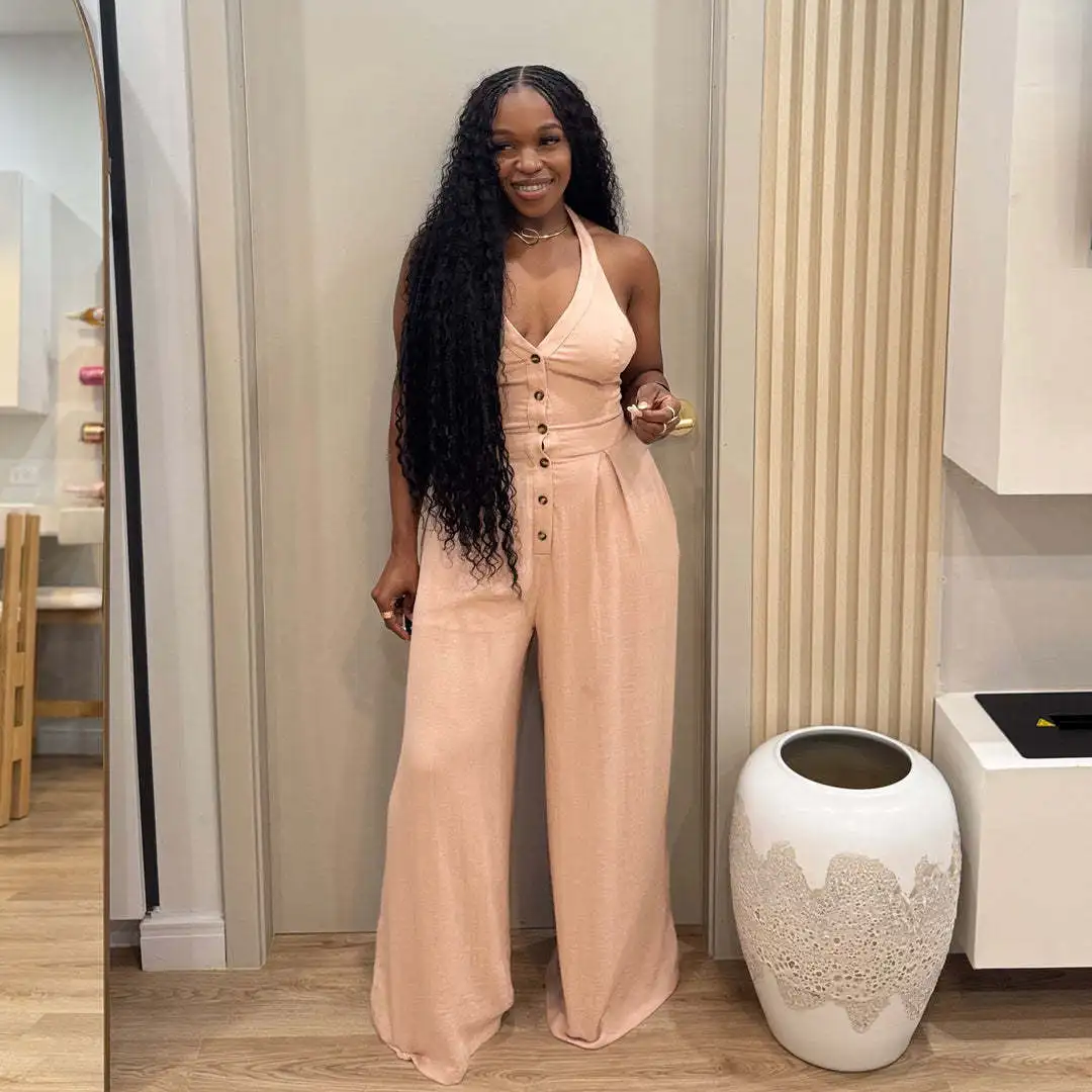 

Women's Sleeveless Halter Tie Solid Loose Wide Leg Jumpsuit Overall Romper Spring Summer Matching Set