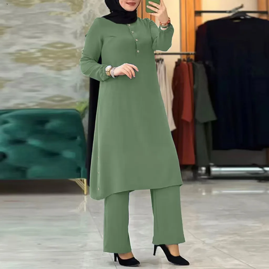 Islam Turkey Ramadan Muslim Set Women Fashion Solid color Long Sleeve Splicing Blouse Wide Leg Pant Vintage Casual Elegant Suit