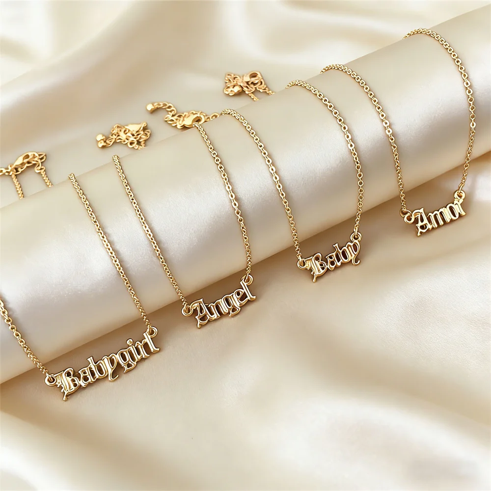 New Fashion Jewelry Gold Color Small Cute Pendant Necklace \'Baby\' \'Babygirl\' \'Amor\' \'Angel\' Pendant Necklace For Women Girl Gift