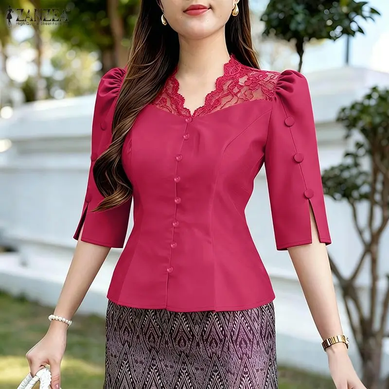 

2026 ZANZEA Summer Lace Patchwork Blouse Fashion Women V Neck Half Sleeve Cinch-Waist Slim Fit Blouses Stylish Work Shirt Mujer