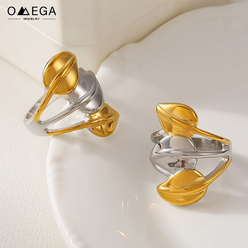 316L แหวนใบไม้สีทูโทนสำหรับผู้หญิงทำจากสแตนเลสสตีลไม่เสื่อมเสียทอง18K แหวนคู่รักกันน้ำไม่ซ้ำใครเครื่องประดับแฟชั่น