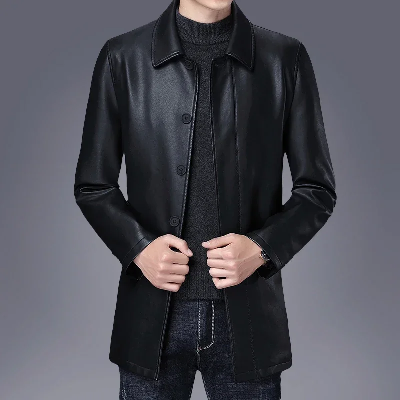 

Men's New Casual Fashion Trend Mid Length Leather Jacket Top Coat