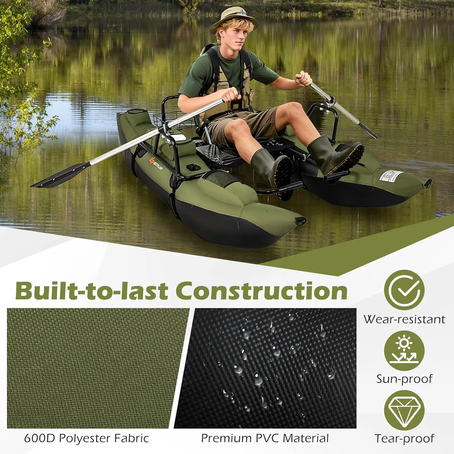 Adult Inflatable Belly Boat with Foldable Padded Seat, Adjustable Footrest, Pump, Paddles, Fish Ruler, Storage Basket, and Pockets – 400 lbs Load Capacity for Fishing and Angling view 2
