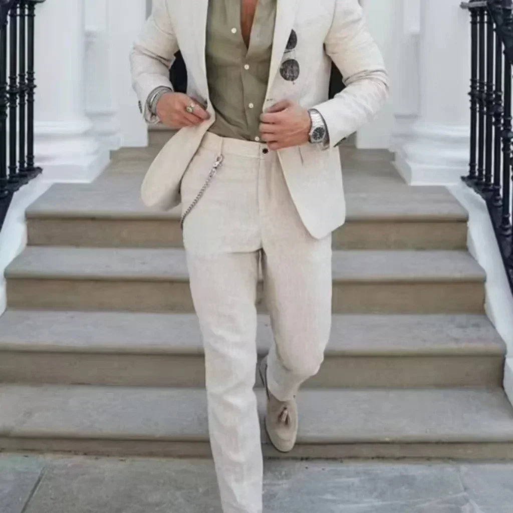 

Men's 2-Piece Slim Fit Linen Suit Casual Blazer And Pants Set Tuxedo for Groomsman Summer Beach Wedding Party