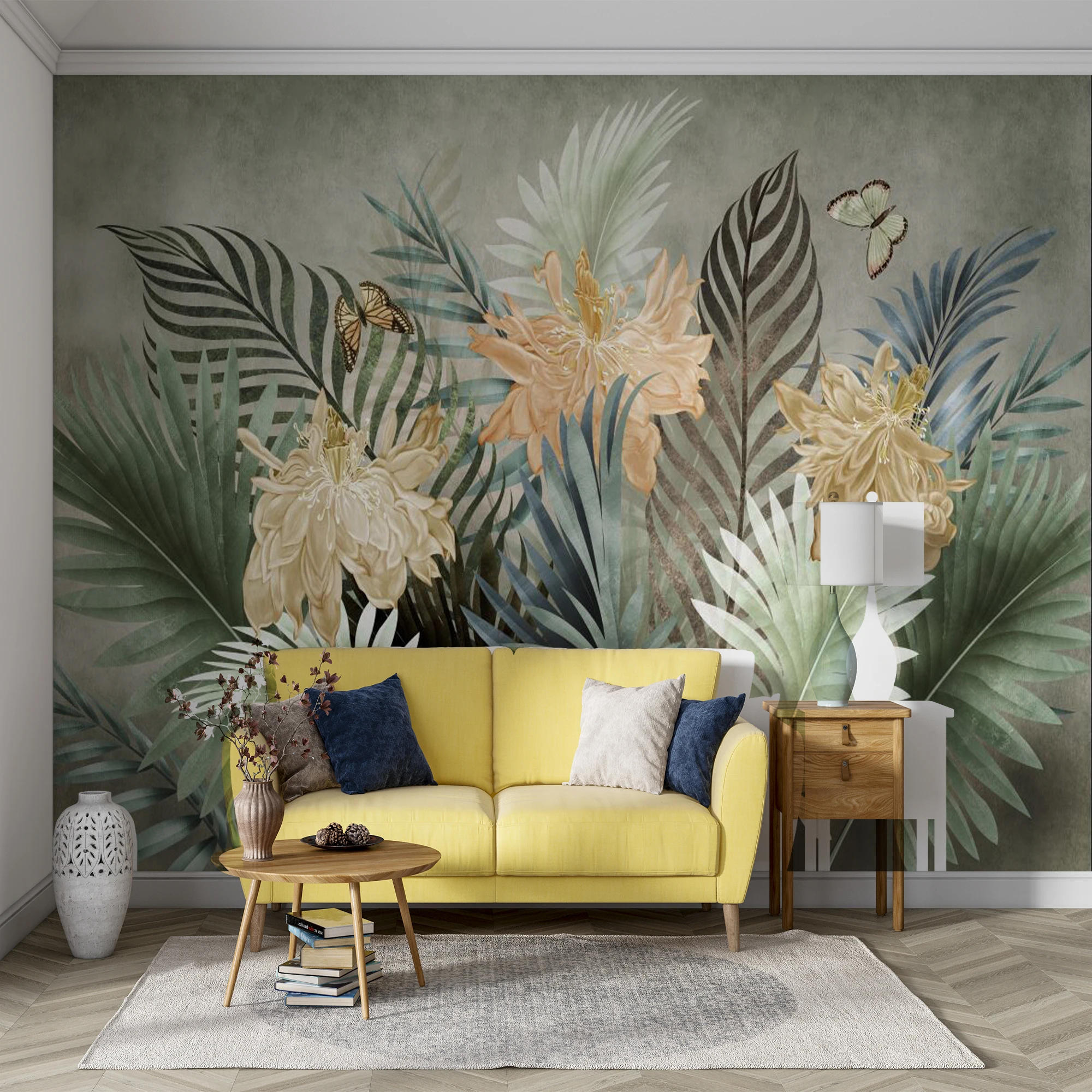Custom Self‑Adhesive Wall Mural Vintage Tropical Floral Butterfly Wallpaper Retro Palm Leaf Flower  for Living Room Bedroom Deco