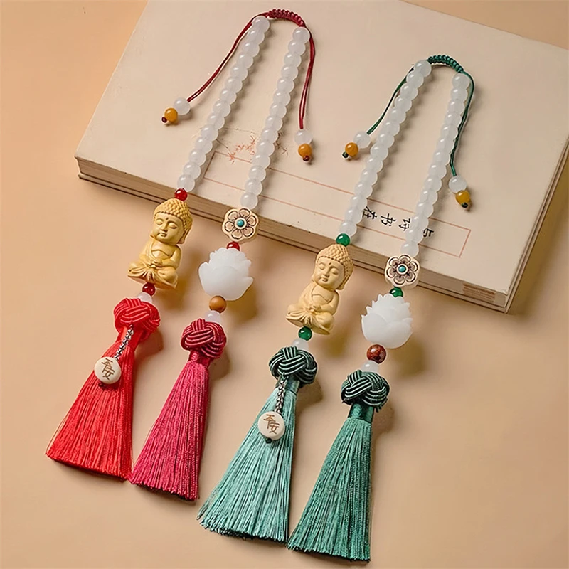 

Lotus Flower Double Tassel Creative Buddha Car Pendant White Jade Bodhi Car Rearview Mirror Charm Hanging Decor