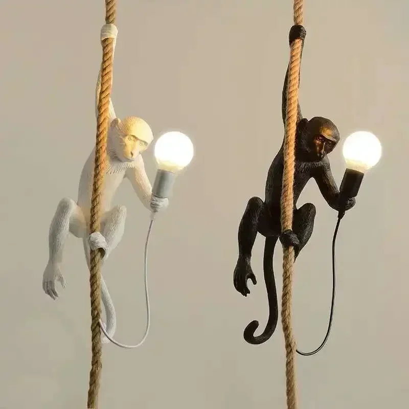 

Nordic Creative Ceiling Hemp Rope Pendant Lamp Resin Monkey Light Bedroom Children's Room Dining Hall Home Atmosphere Decoration