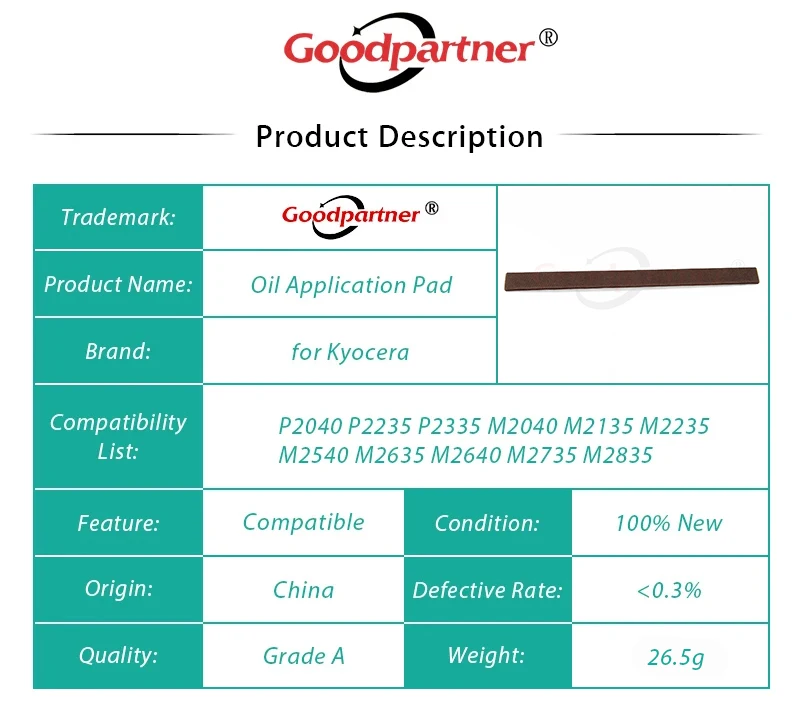 302RV93050 FK-1150 오일 적용 패드 홀더 Kyocera P2040 P2235 P2335 M2040 M2135 M2235 M2540 M2635 M2640 M2735 M2835